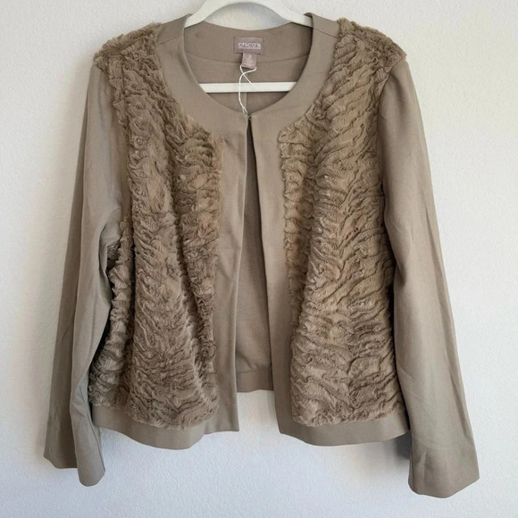 Chico’s Women Faux Fur Ponte Taupe Tan Jacket Cardigan Paneled Solid Size 3 NWOT - Picture 5 of 11